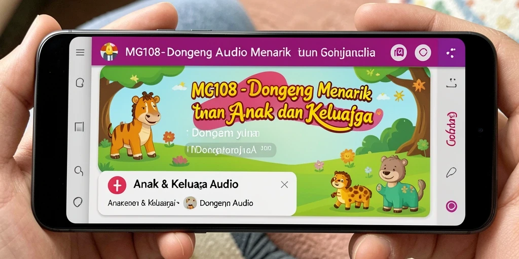 Antarmuka aplikasi MG108 yang ramah anak dengan berbagai dongeng audio.